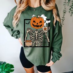 halloween pumpkin coffee sweatshirt, cute skeleton halloween shirt, fall coffee lover gift, spooky shirt, retro hallowee