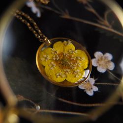 pressed flowers necklace, gold stainless steel necklace