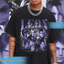 vintage blue leon shirt, leon vintage 90s shirt, leon residence evil shirt, leon kennedy vintage 90s, horror game sweats