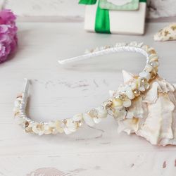 White Pearl crystals hair accessories, Classic wedding bridal headpiece, Gemstone tiara crown, Festival beige headband