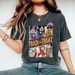 vintage disney halloween trick or treat comfort colors shirt, retro mickey and friends halloween party 2023, disney fami
