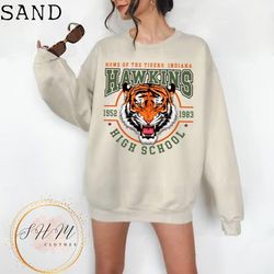 hawkins high school sweatshirt, hawkins tiger sweatshirt, hawkins indiana sweatshirt, hawkins class of 1985, hawkins hig