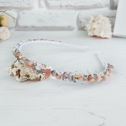 Pink Opal gemstone headband crown, Raw Opalite crystal wedding hair accessories, Bridal pink beaded diadem, Stone tiara