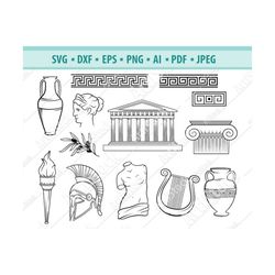 ancient greece svg, acropolis svg, ancient greek clipart, spartan helmet svg, torch svg, amphora svg, ancient columns sv
