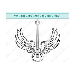 electric guitar, wings, guitar, rock and roll, silhouette svg,  musical instrument .svg .eps .png vector clipart, circui