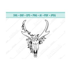 animals skull with flowers svg, deer skull svg, flower skull svg, boho skull svg file, floral deer svg, animal skull cut