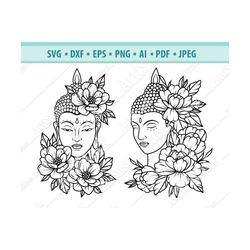 buddha svg, floral buddha head svg, buddha cut file, buddha face with flowers svg, meditation svg, zen svg, yoga clipart