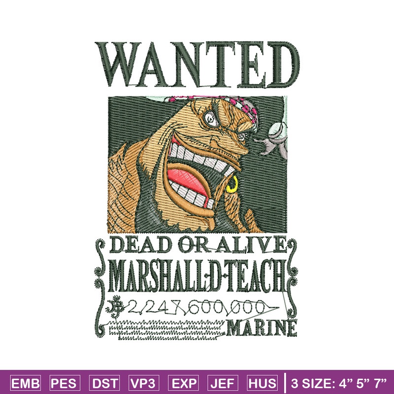 Teach bounty embroidery design, One piece embroidery, Anime design, Embroidery shirt, Embroidery file, Digital download.jpg