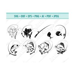bass fishing svg, bass fishing pole svg, silhouette fishing svg fishing hook svg cricut cut file fishing cut file printa