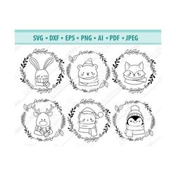 christmas animals svg, holiday wreath svg, christmas clipart, animals with floral wreath svg, holiday svg, christmas wre