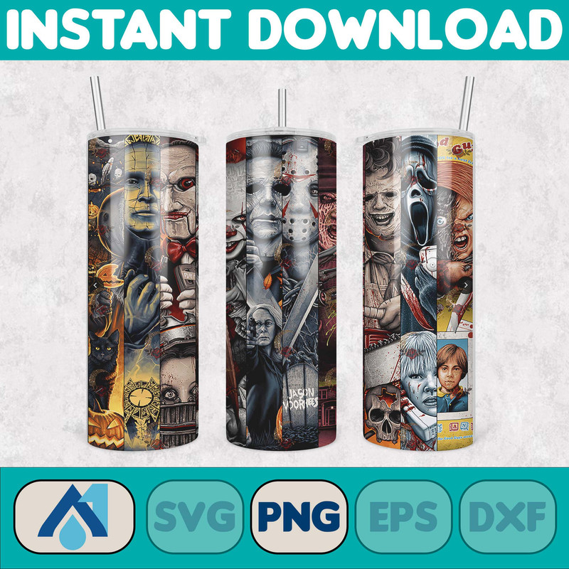 Horror Movies Characters Tumbler, Halloween Tumbler PNG, 20oz Skinny Tumbler, Scary Tumbler Wrap, Sublimation Designs (29).jpg