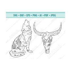 desert scene svg, western svg, cow skull desert svg, desert wolf svg, wolf silhouette svg, cow skull cactus svg, desert