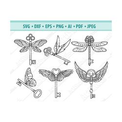 vintage key svg, flying key svg, key with wings svg, magic key clipart, skeleton key svg, key cut file, eps, dxf, heart