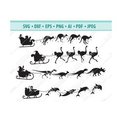santa claus sleigh svg, holiday reindeer sleigh svg, christmas dolphin sleigh svg, santa kangaroos ride svg, christmas n