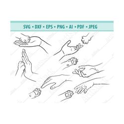human hand and cat paw svg, pet care svg, funny pets svg, silhouette cut files, veterinary logo, cute animal vet clinic