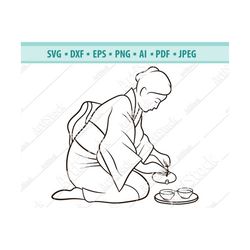 tea ceremony svg, tea set svg, women in kimono svg, asian tea ceremony svg, tea kettle svg, cup svg, vector, tea clipart