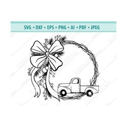 christmas wreath svg, christmas svg, christmas truck svg, holidays svg, xmas clipart, bow svg, xmas wreath with truck pn