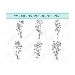 flower svg files, field flowers svg, wildflowers svg, flower branches svg, leaf svg, celestial flower svg, crescent moon