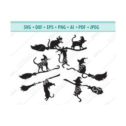witch cat svg, cat on broom svg, black cat svg, witch clipart, halloween cat svg, halloween witch png, silhouette, mysti
