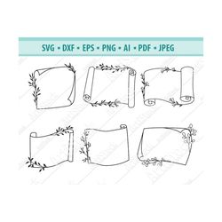 paper scroll svg,laurel branch svg, paper scroll with branch svg, floral paper svg, vintage scroll paper svg, vector fil