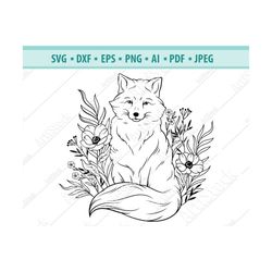floral fox svg, fox svg, fox with flower svg, fox cut file, cute fox svg, animal flower svg, floral wreath svg, fox cut