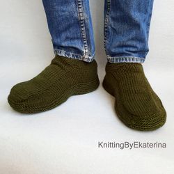 Christmas Gifts For Dad Ideas, Wool Gifts For Him, Olive Dark Green Wool Slippers, Fathers Day Gifts Ideas
