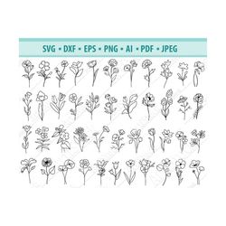 flower svg files, field flowers svg, wildflowers svg, flower branches svg, leaf svg, flower doodles svg, floral bundle s