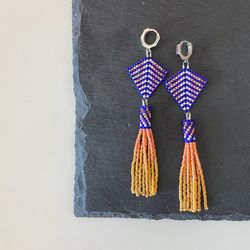 Royal blue orange tassel beaded earrings, lightweigh vibrant shades dangle earrings, boho bohemian hippie jewelry, perfe