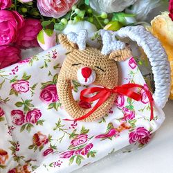 crochet rattle, rattle deer, crochet ratte toy, baby toy, baby rattle toy, 6 month baby toy, crochet toy, deer toy