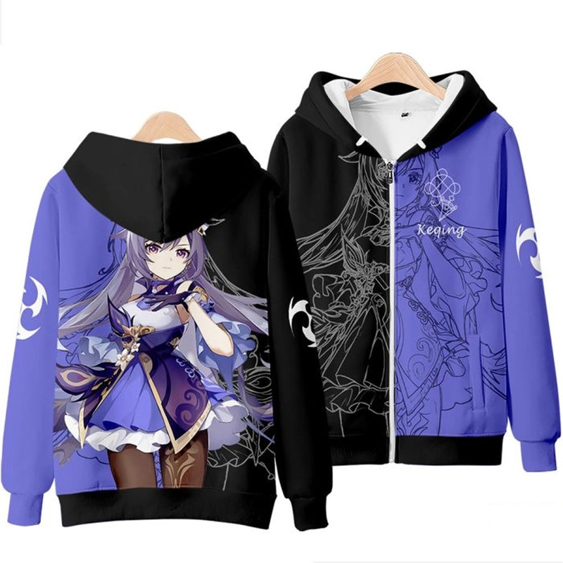 Keqing Genshin Impact All Over Print 3D Hoodie Zip Hoodie, Keqing Genshin Impact Hoodie 3D Zip Hoodie Fleece Hoodie