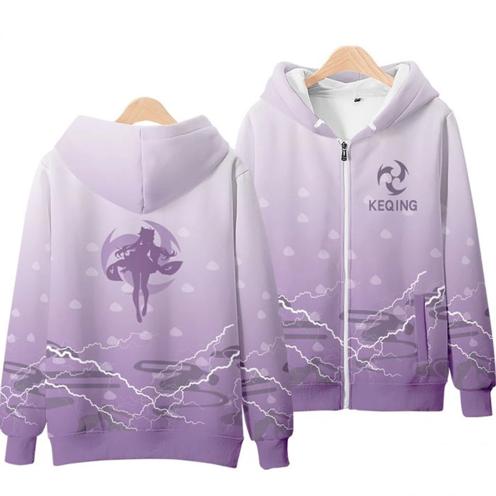 Keqing Genshin Impact All Over Print 3D Hoodie Zip Hoodie, Keqing Genshin Impact Hoodie 3D Zip Hoodie Fleece Hoodie
