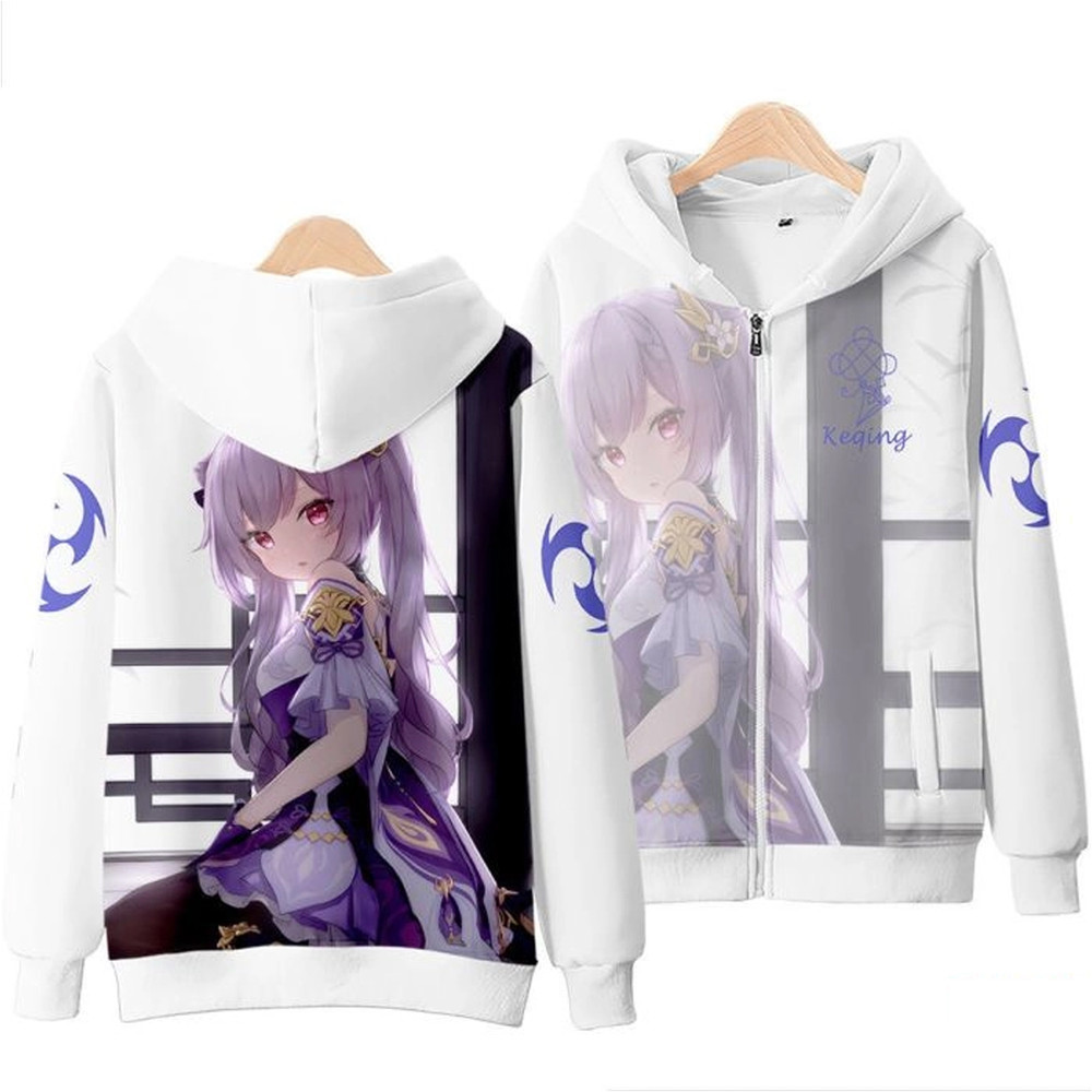 Keqing Genshin Impact All Over Print 3D Hoodie Zip Hoodie, Keqing Genshin Impact Hoodie 3D Zip Hoodie Fleece Hoodie