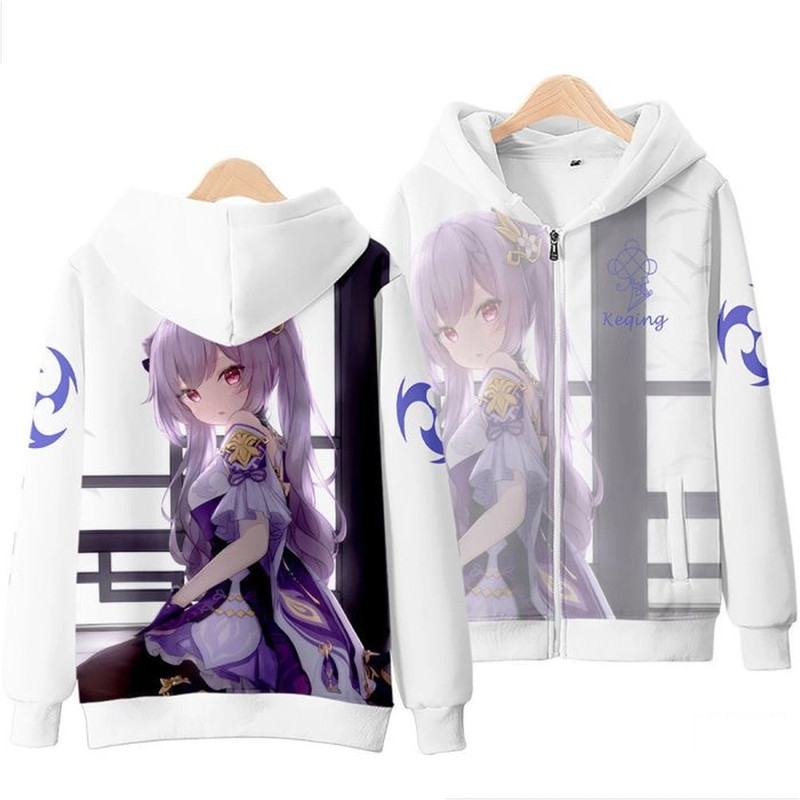 Keqing Genshin Impact All Over Print 3D Hoodie Zip Hoodie, Keqing Genshin Impact Hoodie 3D Zip Hoodie Fleece Hoodie