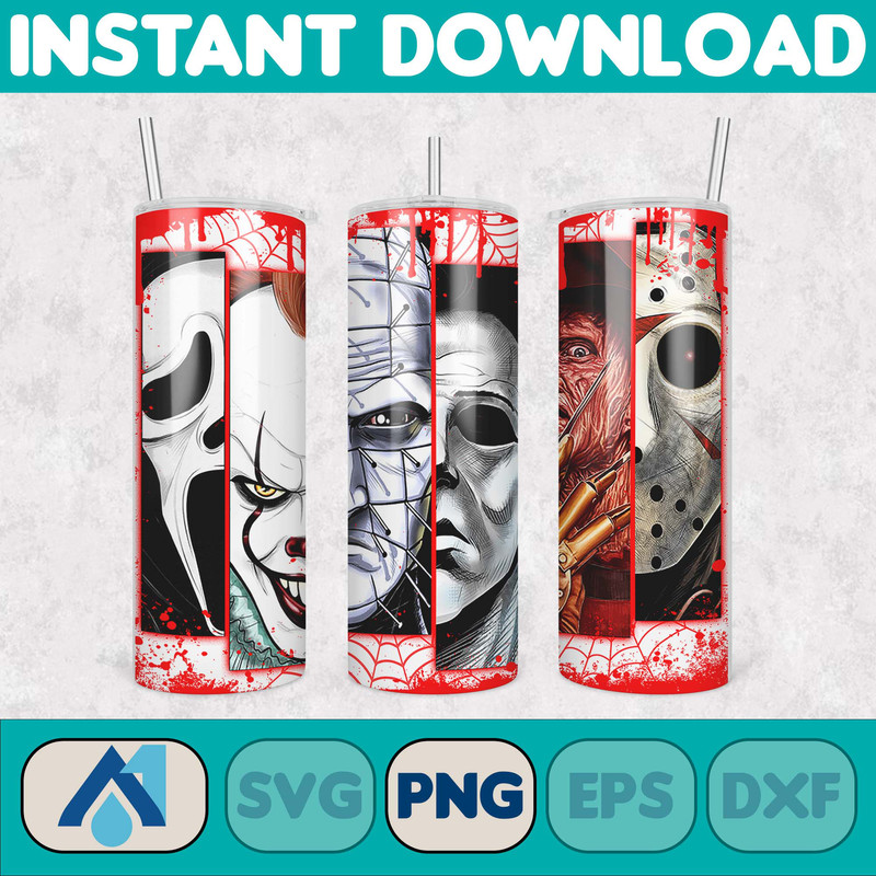 Horror Movies Characters Tumbler, Halloween Tumbler PNG, 20oz Skinny Tumbler, Scary Tumbler Wrap, Sublimation Designs (51).jpg