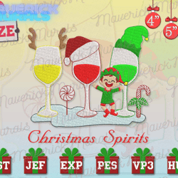 Christmas Spirit Embroidery, Wine Glass Embroidery, Christmas Embroidery Designs, Santa Claus Embroidery, Elf Embroidery Designs