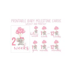 Printable baby girl monthly and weekly milestone card png files. Baby elephant clipart. Watercolor animal heart balloons