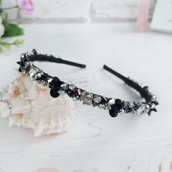 Black wedding tiara, Black crystal crown, Gothic bridal headband, Rhinestone sparkle hair piece, Beaded hair accessories
