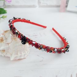 Red rhinestones wedding crown, Sparkle crystals headband, Gothic Wedding bridal hair accessories, Jeweled hair piece