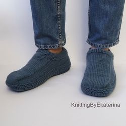 Steel Blue Knit Slippers, Custom Gift Ideas for Him, Mens Knit Moccasin Socks, Fathers Day Gift for Dad, Wool Bed Socks