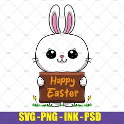 Bunny Holding a Sign  Cute Easter Spring Art SVG,Bunny Holding a Sign  Cute East PNG,Bunny INK SVG PSD