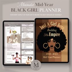 minimalist digital black girl planner for academic year 2023-2024 with daily, weekly & monthly planning pages
