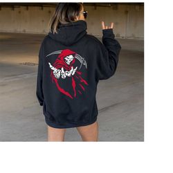 grim reaper skull red hood hoodie, god angel of death ghost hoodie, hooded grim reaper skull hoodie, skeleton shirt, sca