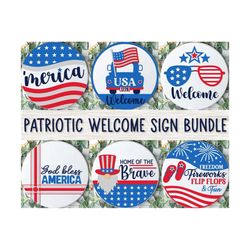 patriotic welcome sign bundle, round door hanger svg, 4th of july sign svg, america door decor, glowforge, png, dxf, svg