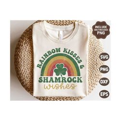 rainbow kisses and shamrock wishes svg, retro st patricks day rainbow svg, shamrock png, groovy st patricks shirt, svg f