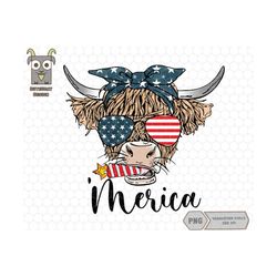 merica cow cute png, highland cow with bandana png, usa flag png, fourth of july png, american highland cow png, cow 4th