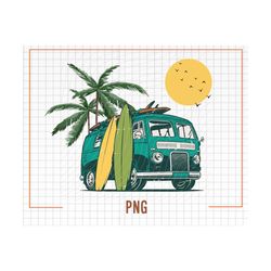surfing van png, vintage summer vehicle clipart, palm beach sublimation file, surf board stencil, hello summer vibes png