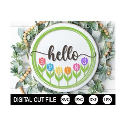 hello spring welcome sign svg, round door hanger svg, spring sign svg, farmhouse spring door decor, glowforge, png, svg