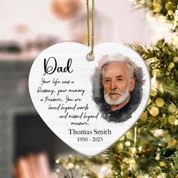 Personalized Dad Memorial Heart Ornament, Memorial Christmas Ornaments, Custom Memorial Photo Gifts