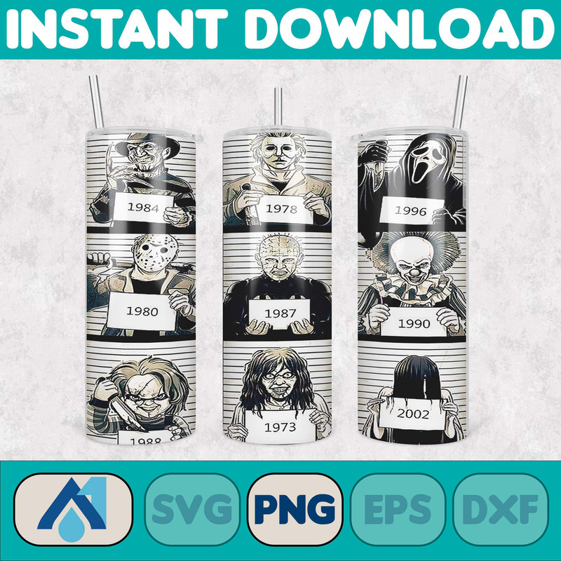 Horror Movies Characters Tumbler, Halloween Tumbler PNG, 20oz Skinny Tumbler, Scary Tumbler Wrap, Sublimation Designs (60).jpg