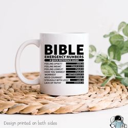 bible emergency numbers coffee mug, funny christian priest or catholic gift